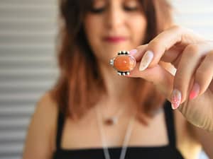 anillo doble bolitas plata cornalina naranja colección Bolivia